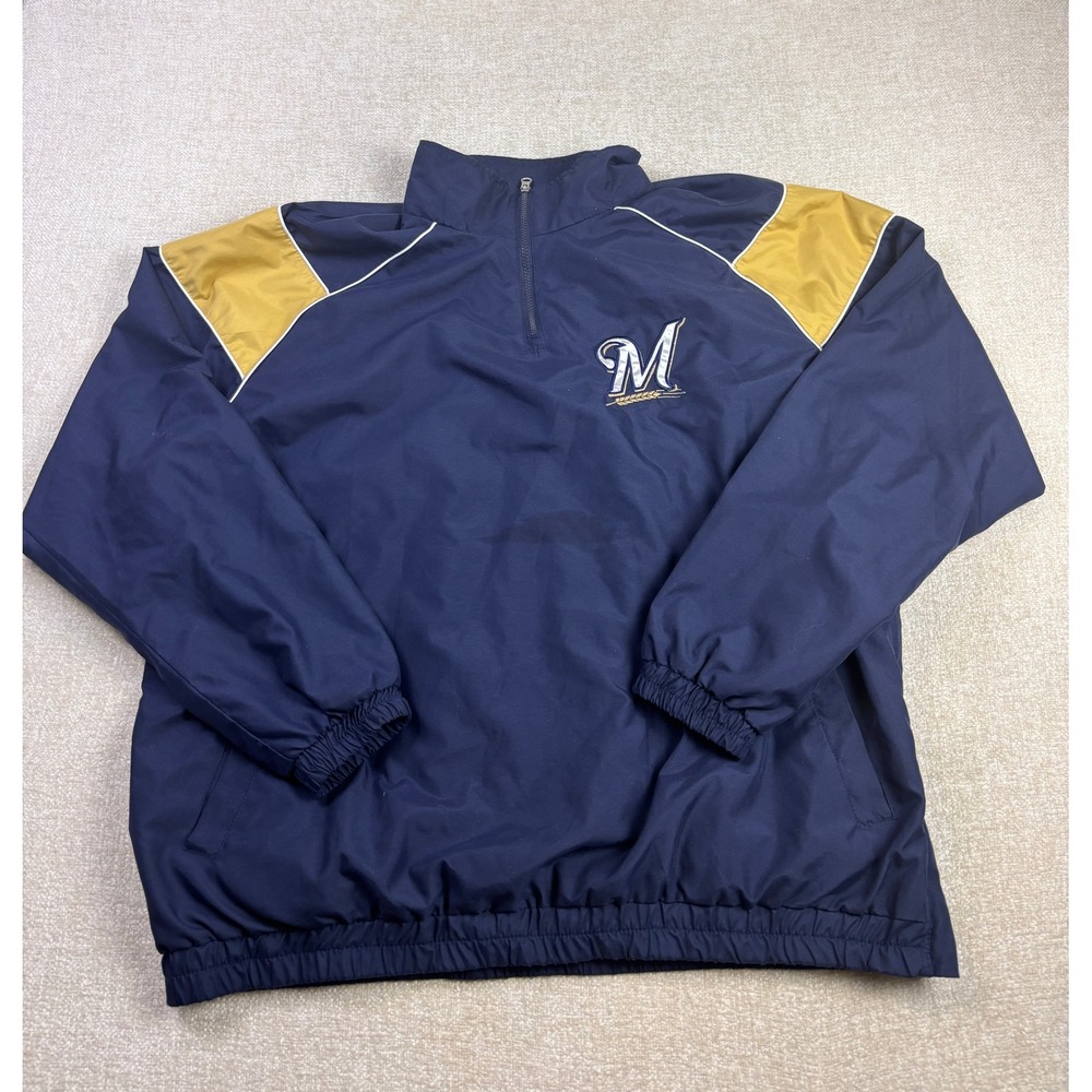 MLB Milwaukee Brewers Windbreaker Pullover Jacket Navy Gold Mens XXL